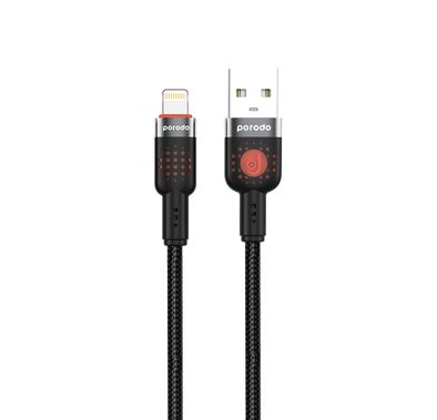 Porodo Aluminum Alloy Braided Cable USB-A to Lightning 1.2, 480Mbps Transfer Speed, 2.4A, more than 15000 Bends Life Span, Tangle Free - Black