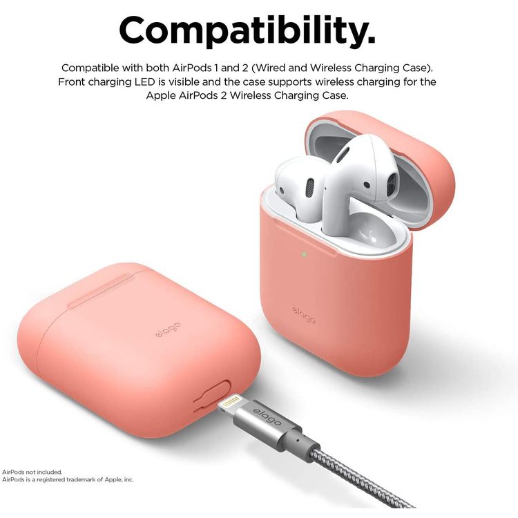 Elago Basic Skinny Case for Apple AirPods 1&2 Generation, Upgraded Premium Silicone, Front LED Visible, Dustproof Protective Cover, Compatibility With Wireless Chargers Neon peach