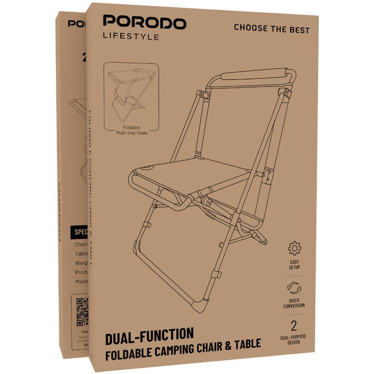 Porodo Dual-Function Foldable Camping Chair & Table, Up to 120kg Chair Load Capacity, Quick Conversion, Easy Setup, Up to 20kg Table Load Capacity, Dual-Purpose Design - Green
