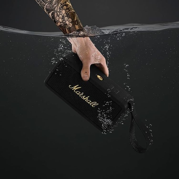 Marshall Middleton Portable Wireless Bluetooth Speaker, 20 Hours Playing Time, Bluetooth 5.1, Bluetooth Range 10m, 4.5 Hours Charging Time, AUX, Multi Host, True Stereophonic - Black / Brass