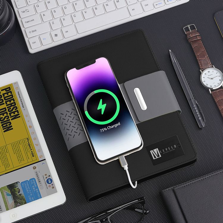 Levelo Techbook Notebook Leather Cover with 8000mAh Built-in Power Bank, Ballpoint Pen, 80pcs Paper Sheets, Loose-Leaf Binder - Black