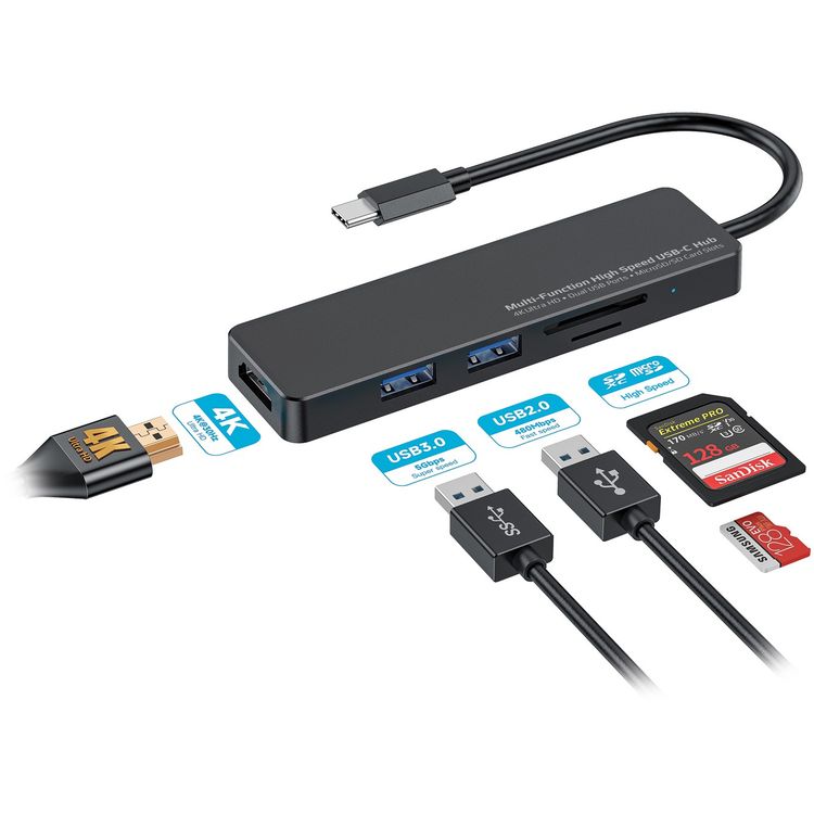 Porodo Blue 5 in 1 USB-C Hub HDMI USB SD MicroSD 4K 5Gbps - Black