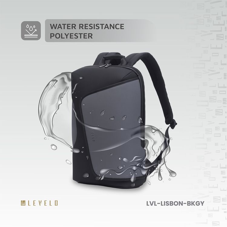 Levelo Lisbon Carrying Laptop & Universal 15.6” Backpack with Water Resistance Polyester, Laptop Compartment, Durable Material, Strap Pocket  - Black / Gray