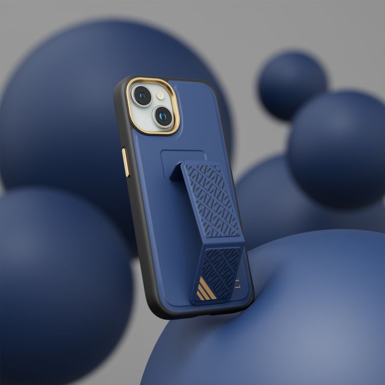 جراب Levelo Morphix Cuero Gripstand لهاتف iPhone 15 مع حامل بطاقات، أوضاع متعددة، جلد PU، حواف مقاومة للصدمات - أزرق
