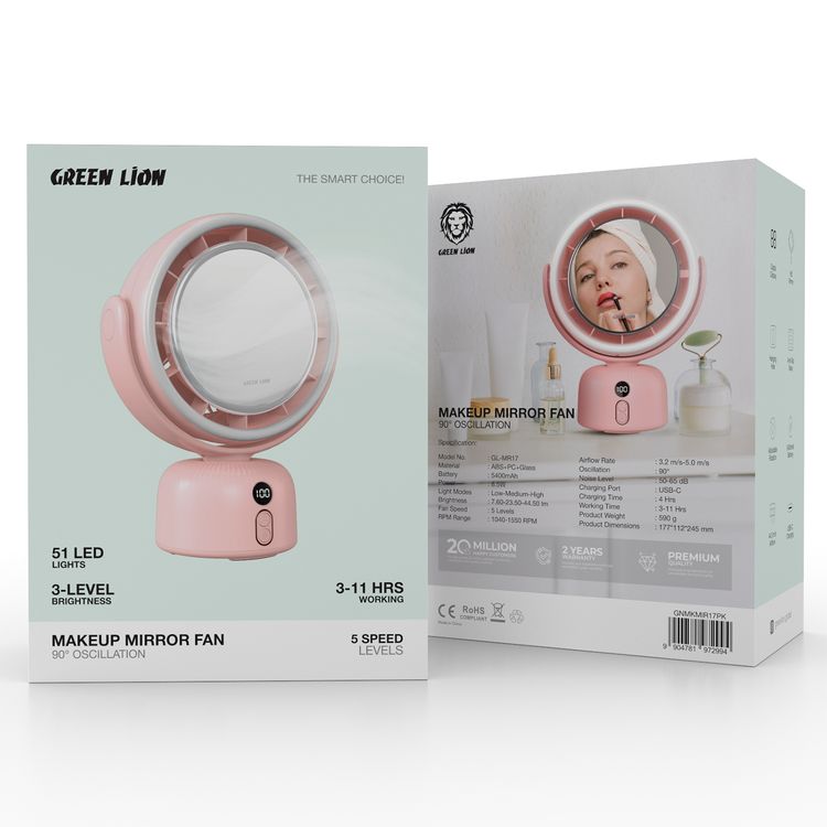 مرآة مكياج بجهاز تهوية من جرين لايون، بخمس مستويات لسرعة المروحة و3 أوضاع ضوء، تصل إلى 11 ساعة من العمل، منفذ شحن USB-C، دوران قابل للتعديل، شاشة رقمية، قاعدة مقاومة للانزلاق، 51 ضوء LED، بطارية 5400 مللي أمبير - وردي