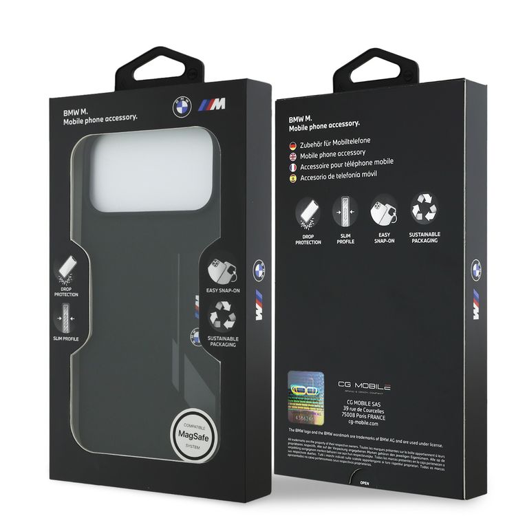 غطاء سيليكون سائل ماجسيف من بي إم دبليو بشعار عمودي لجهاز آيفون 17 برو، تصميم نحيف، حماية من السقوط، تغليف مستدام، تصميم سهل التركيب - أسود