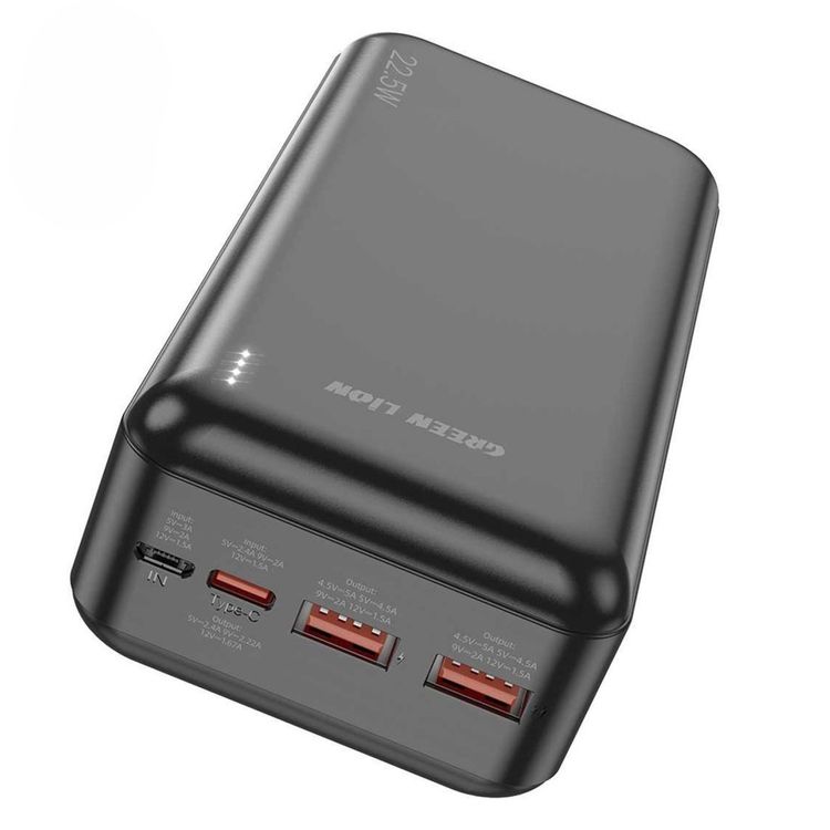 Green Lion PowerPack Fast Charge Power Bank 30000mAh,Dual Input Micro & Type C, PD 20W Fast Charge, QC3.0 22.5W, 3 Outputs USB A×2 & Type C - Black