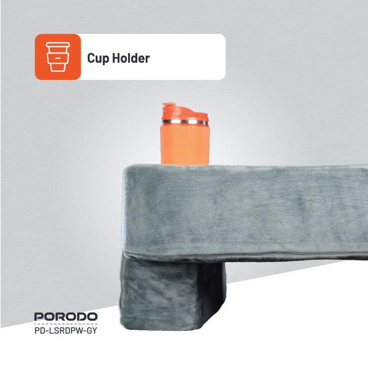 Porodo Lifestyle Laptop Desk Pillow with Large Side Pocket, Washable Cover, Cup Holder, High Density Foam - Gray