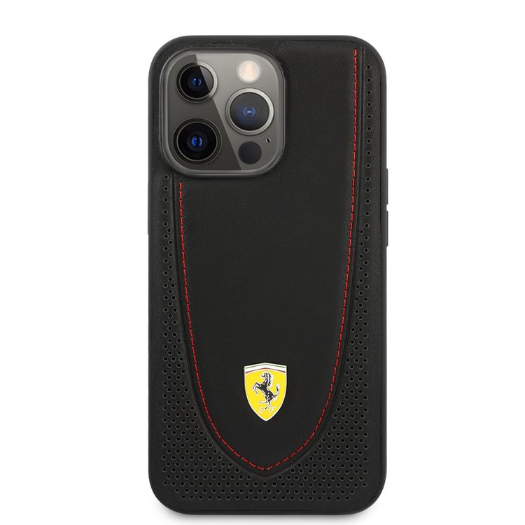 CG MOBILE Ferrari Genuine Leather Hard Case with Curved Line Stitched & Perforated Leather Compatible for iPhone 13 Pro (6.1") Shock & Scratches Resistant
