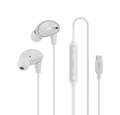 Porodo Soundtec Stereo Bass USB-C Wired Earphones with 3-Button Control, 1.2m Cable Length, 104dB Sensitivity, 14.2mm Speaker Diameter, Powerful Bass, Ergonomic Design, High-Definition Audio - White