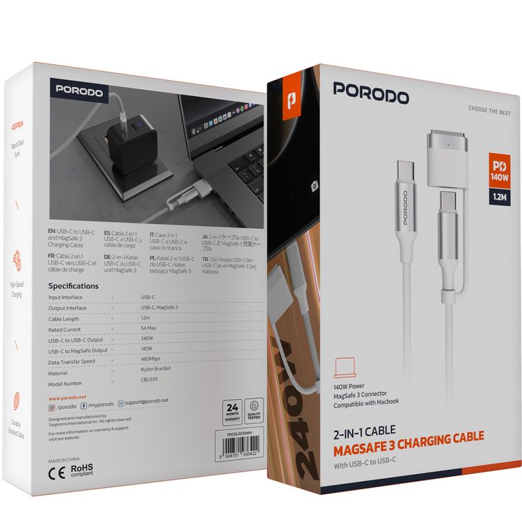 كابل الشحن Porodo 2 في 1 MagSafe 3 باتصال USB-C إلى USB-C، بقدرة 140W USB-C إلى MagSafe، و240W USB-C إلى USB-C، طول الكابل 1.2 متر، ومعدل نقل بيانات 480 ميجابت في الثانية، ومادة مضفرة من النايلون - أبيض.