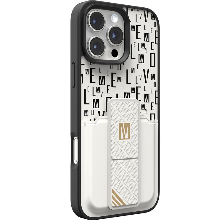 حافظة Levelo Morphix Gripstand مع حامل بطاقات لهاتف iPhone 16 Pro، حامل بطاقات مدمج، زوايا مقاومة للصدمات، ملمس نحيف بدون غطاء، حافة كاميرا مرتفعة، مادة فائقة المتانة - أبيض