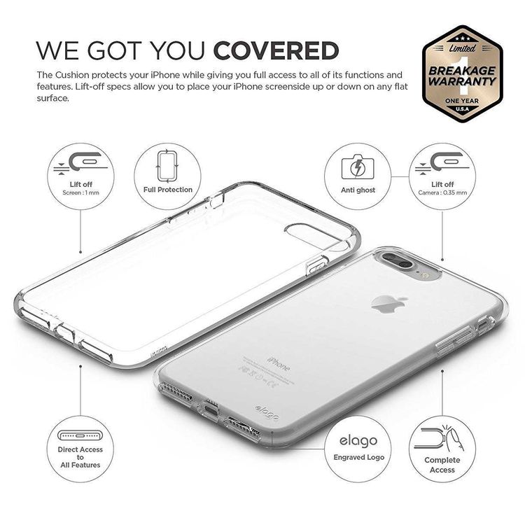 Elago Cushion Back Phone Case for iPhone 7/8 Plus Soft & Smooth TPU | Superior Impact Resistance | Ergonomic Design | 0.55mm Thick Screen Protection