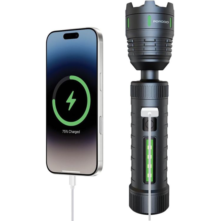 Porodo Lifestyle Orbit Multi-Color Laser Torch with 5000mAh Power Bank Function, 4 Light Modes, 8 Hours Main Light & 20 Hours Side Light Battery Life, 200m Beam Distance, 38-300 Lumens Brightness Range, Multi-Purpose Side Light, 360° Rotation, Zoom Focus - Black
