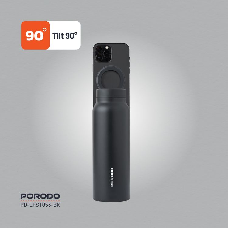 Porodo Magnetic Mount Water Bottle with Strong Magnetic Hold, Stainless Steel Material, Double-Wall Insulation, Versatile and Portable, Strong Magnetic Hold, Works with MagSafe, Wide Round Mouth - Black 