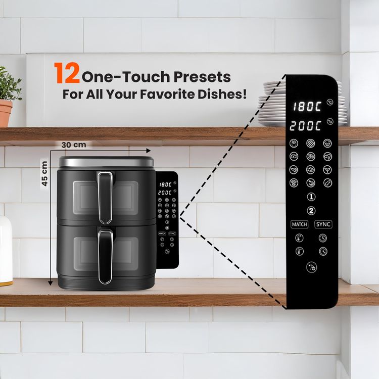 Porodo Lifestyle Double Stack Air Fryer, 11L Capacity, 2800W Power, 220-240V Voltage, 50-60Hz Frequency, 12 Presets, Touch Control - Black