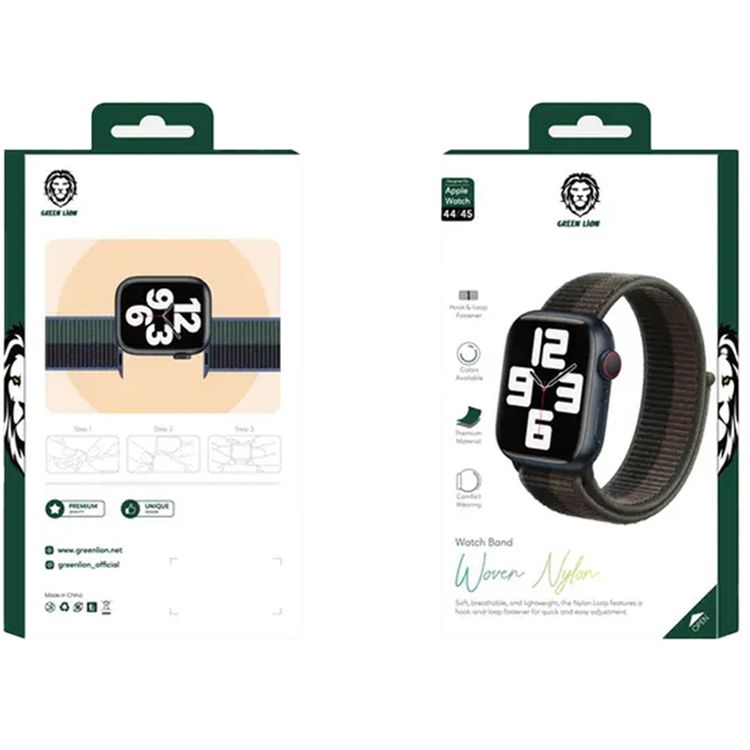 Green Lion Nylon Sport Loop Watch Strap for Apple Watch 44/45mm, Hook & Loop Fastener, Quick & Easy Adjustment, Comfortable Fit, Breathable & Lightweight - Black / Gray