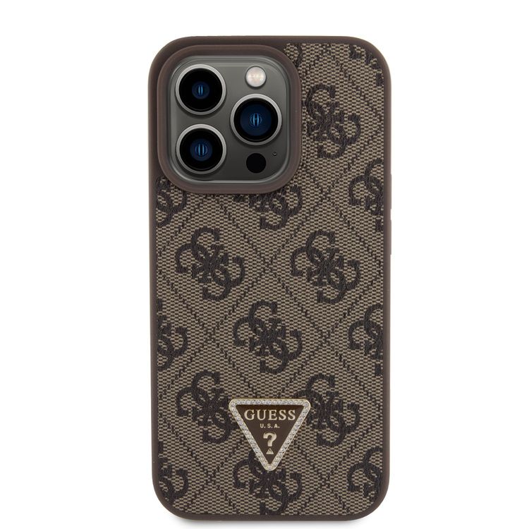 Guess PU Leather Case with 4G Triangle Strass & Triangle Logo - Brown - iPhone 15 Pro