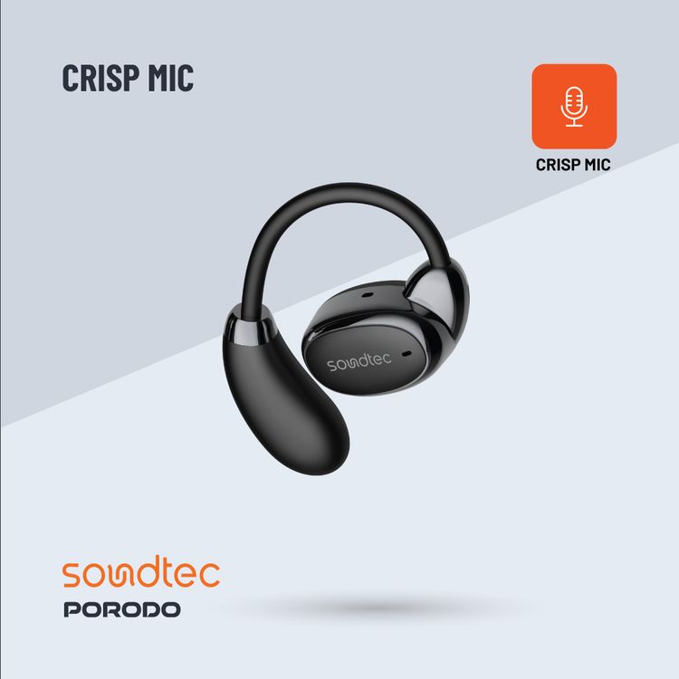 Porodo Soundtec Aero Tune Earbuds with  Touch Controls, HiFi Stereo, Crisp Microphone, Rich Bass, Up to 10m Transmission Range, Compact and Lightweight Design - Black