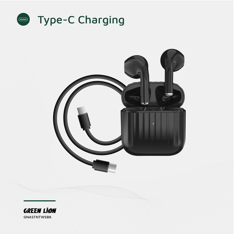 Green Lion Austin True Wireless Earbuds with Built-in Microphone, HiFi Sound, Dual-Mic, Touch Control, Voice Assistant, Type-C Charging, 3 Hours Playtime - Black