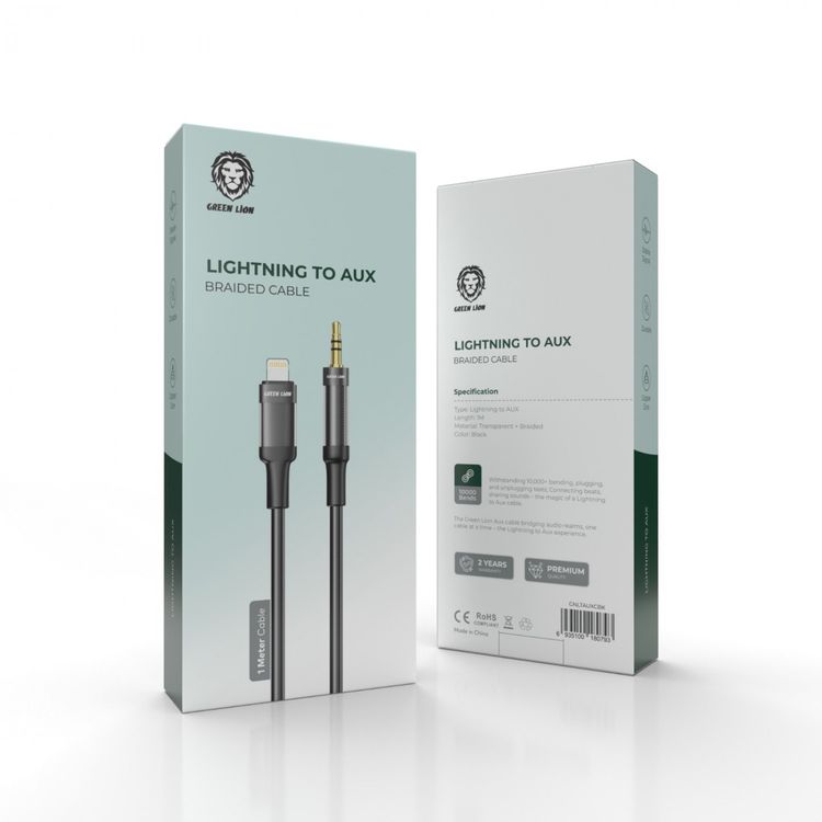 Green Lion Lightning to AUX Braided Cable with 10000 Bends Lifespan, 1m Cable Length, Stable Signal, Copper Core, Transparent + Braided - Black