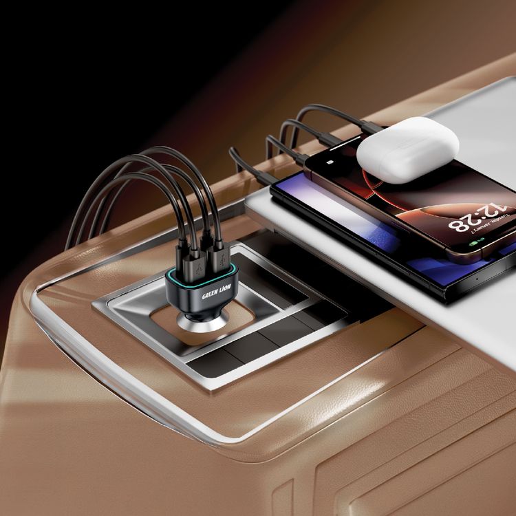 Green Lion Quad Port Car Charger with PD 35W, QC 3.0 35W, 2× USB-A & 2× USB-C Ports, PC Material, Compact Design, Charging Protection, Fast Charge Support - Black