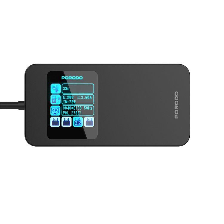 Porodo 6-in-1 Multi-Port USB-C Hub with Smart Digital Display, 150mm Cable Length, 4K@60Hz HDMI Output, 100W Power Delivery, High-Speed Data Transfer, Plug & Play Operation - Gray