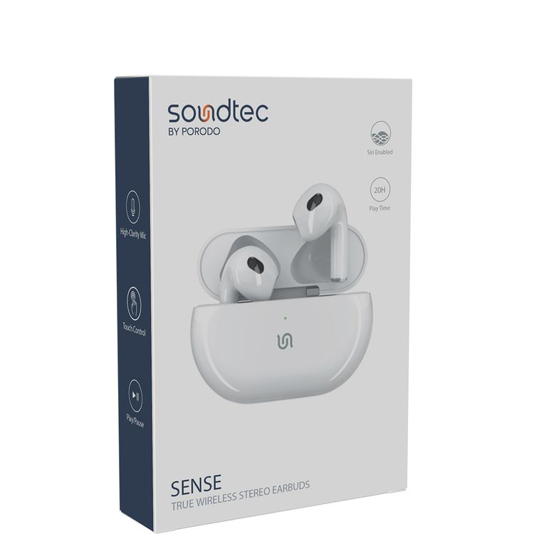 Porodo Soundtec Sense True Wireless Stereo Earbuds with High-Clarity Microphone, Siri Enabled, Perfect Fit, Touch Control, Patented Design, Compact and Lightweight - White