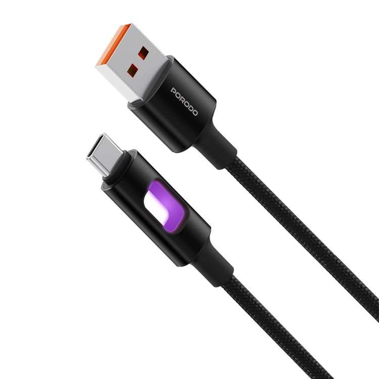 Porodo LED Braided USB-A to USB-C Cable with 12W Power Delivery, 1.2m Cable Length, Tangle-Free Design, High-Speed Data Transfer, Fast Charging Speed, Superior Durability - Black