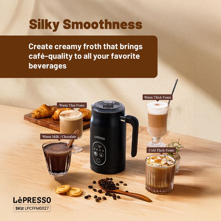 LePresso Four Froth Milk Frother, 270mL Heating Capacity, 140mL Frothing Capacity, 3-Pin UK Plug, Temperature Control - Black