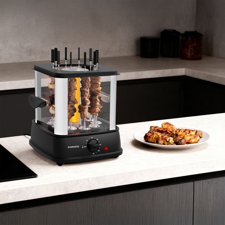 Porodo Lifestyle GrillJet Electric Rotisserie Kebab Grill with Timer, Auto-Rotating Skewers and Gears, Tempered Glass Cover, Removable Drip Tray, Auto Shut-Off Function, Anti-Slip Feet, 360°c Individual Skewer Rotation, Teflon Coated Tray - Black