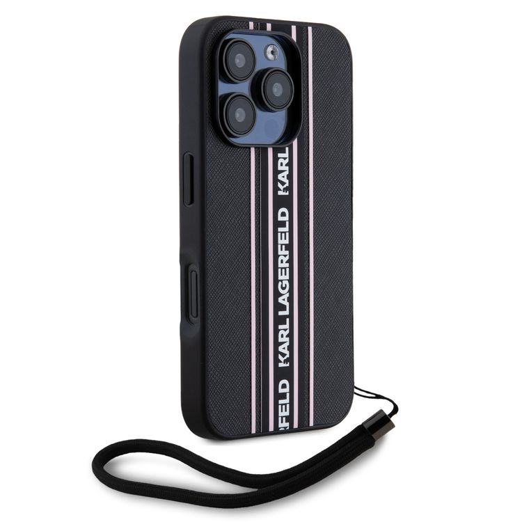 جراب Karl Lagerfeld PU الصلب مع شرائط رياضية لهاتف iPhone 16 Pro Max، خفيف الوزن، مادة عالية الجودة، قبضة مريحة وآمنة - وردي