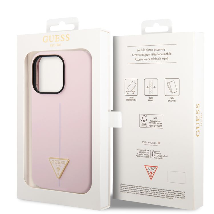 Guess Liquid Silicone Case with Shiny Line & Metal Triangle Tone Logo iPhone 14 Pro Compatibility - Purple