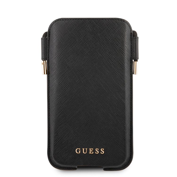 CG MOBILE Guess Saffiano Classic Crossbody Pouch Case with Cord for iPhone 12 / 12 Pro ( 6.1" ) Anti-Fall Necklace, Adjustable Neck Cord Lanyard Strap Officially Licensed Black
