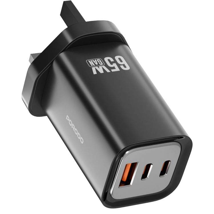 Porodo Triple Output Quick Wall Charger with 65W Power Delivery, Built-in Safeguards, Simultaneous Charging, 22.5W USB-A Output, Laptop Charging Compatibility - Black