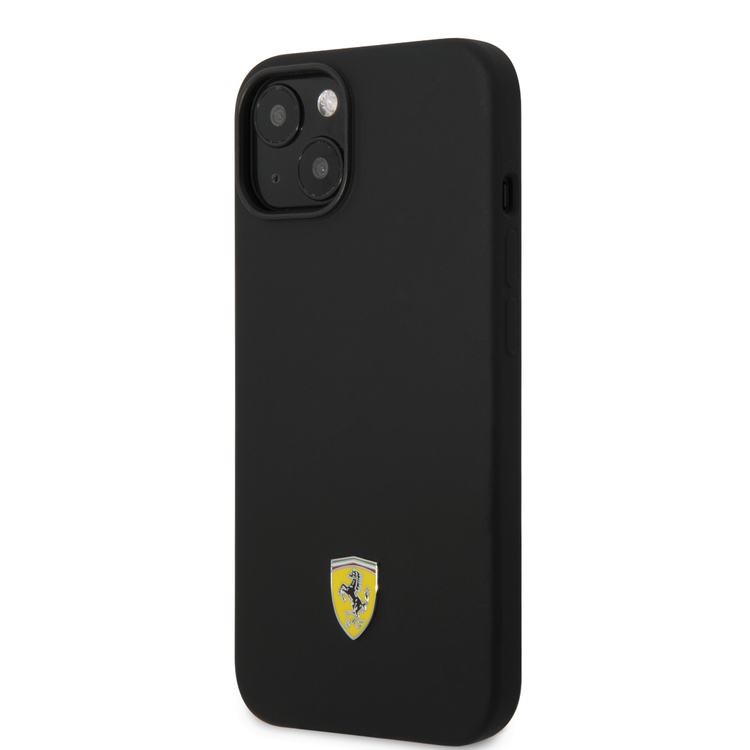 Ferrari Liquid Silicone Case with Black Camera Outline & Metal Logo iPhone 14 Compatibility - Black