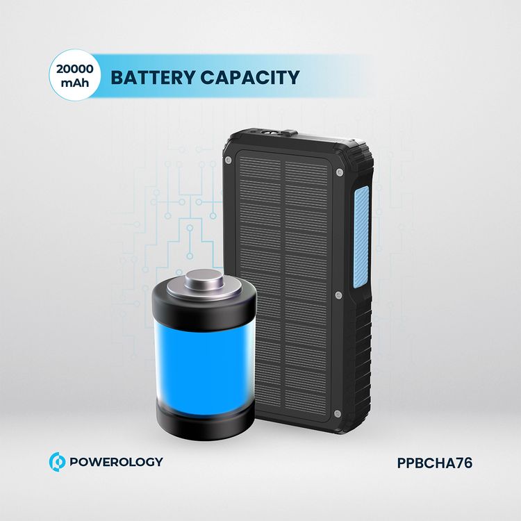 Powerology 20000mAh Solar Wireless Charging Power Bank with Simultaneous Charging, Multi-Mode Flashlight, 0% - 65% Charging in 35 Minutes, 70mm Cable Length - Black
