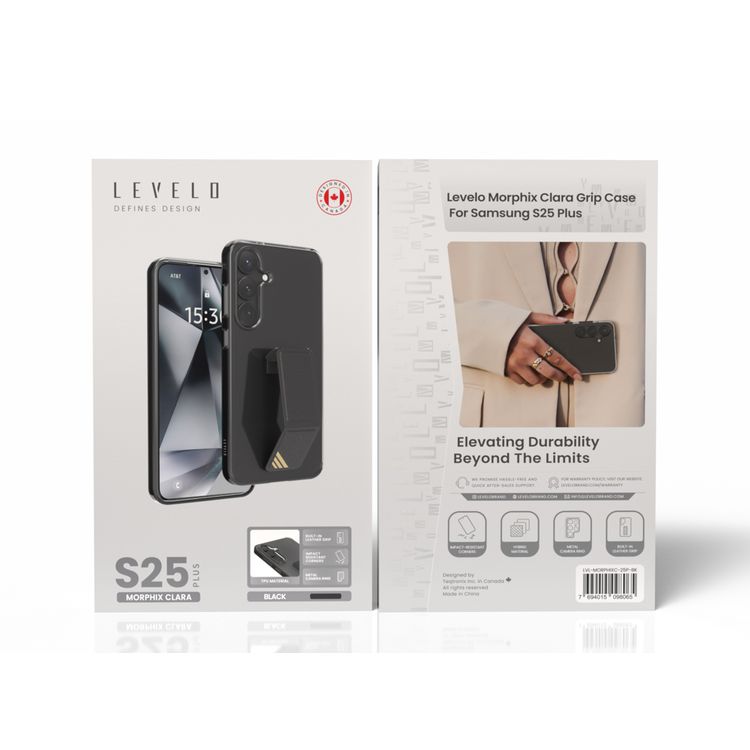 غطاء Levelo Morphix Clara مع مسكة جلد مدمجة لهاتف Samsung Galaxy S25 Plus، مصنوع من مادة TPU، زوايا مقاومة للصدمات، حلقة كاميرا معدنية، مادة هجينة - اللون الأسود.