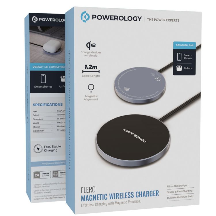 Powerology Elero Magnetic Wireless Charger with Qi2 Standard, 15W Max Phone Output, 5W Max AirPods Output, 1.2m Cable Length, Aluminum Alloy Material, Universal USB-C Connection, Ultra-Thin Design, Stable & Fast Charging - Gray