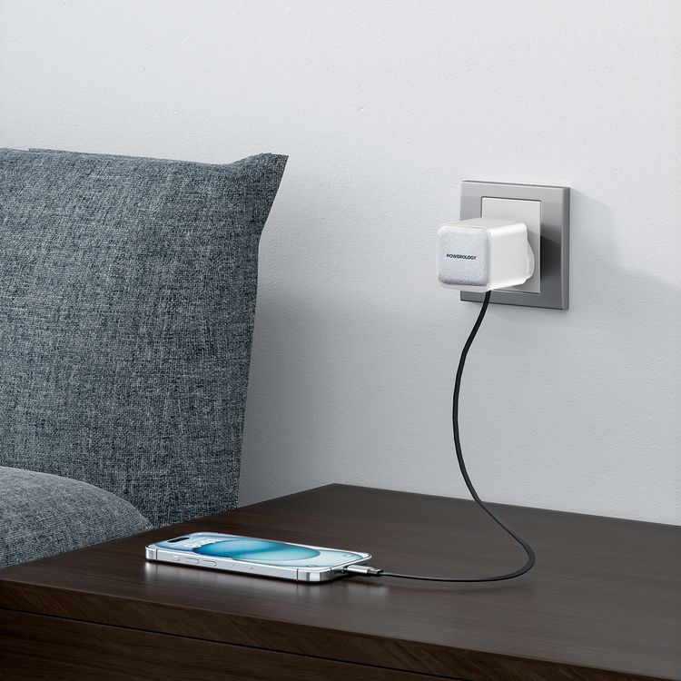 Powerology Dual Output Retractable GaN Charger with Built-in Safeguards, 2-Device Charging, 35W Power Delivery, Fire Proof Material, Patented Design, 75cm Retractable Type-C Cable - White