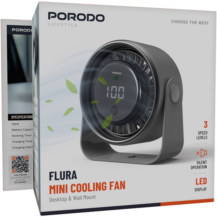 مروحة تبريد ميني فلورا من بورودو لايفستايل مع شاشة LED رقمية وتحكم باللمس، وقت تشغيل يصل إلى 9.5 ساعات، منفذ شحن USB-C، بطارية 3000 مللي أمبير، 4 أوضاع للسرعة، تشغيل صامت - رمادي