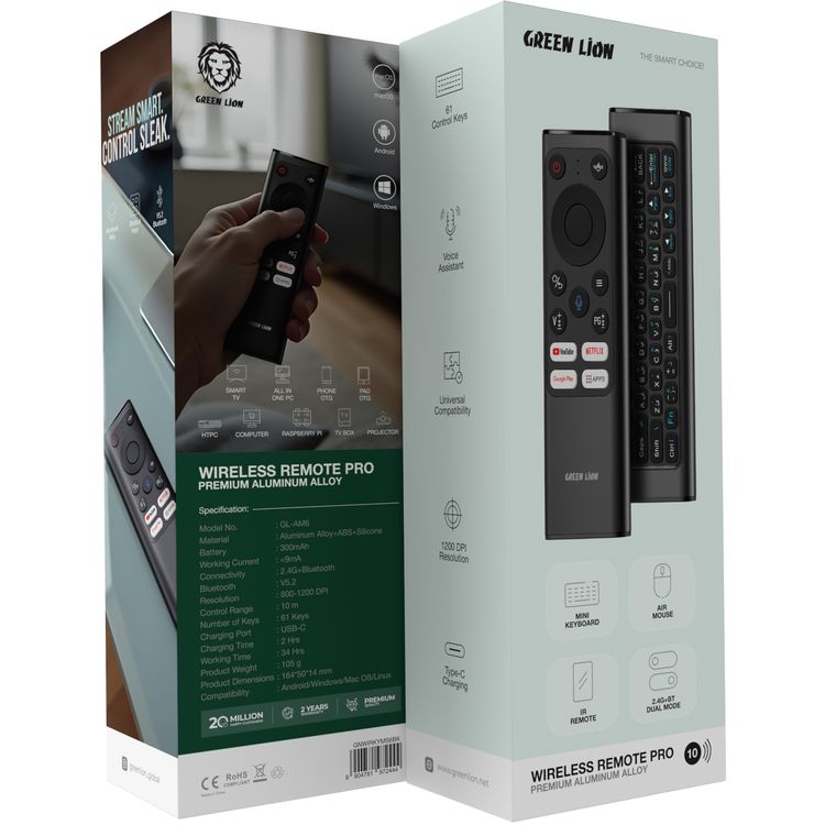 جهاز Green Lion Wireless Remote Pro مع لوحة مفاتيح وفأرة، اتصال 2.4G + بلوتوث، دقة 1200 DPI، منفذ شحن Type-C، مساعد صوتي، 61 مفتاح للوحة المفاتيح، سعة بطارية 300mAh، لوحة مفاتيح صغيرة – باللون الأسود.