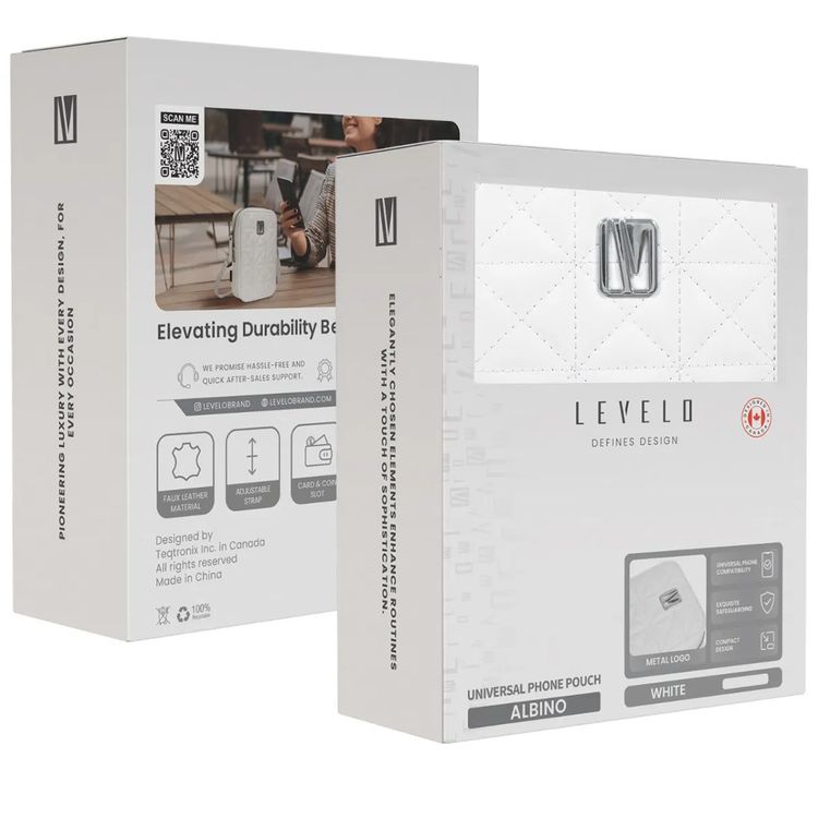 Levelo Albino Ladies Phone Pouch with Faux Leather Material, Adjustable Strap, Exquisite Safeguarding, Card & Coin Slot Included, Universal Phone Compatibility - White
