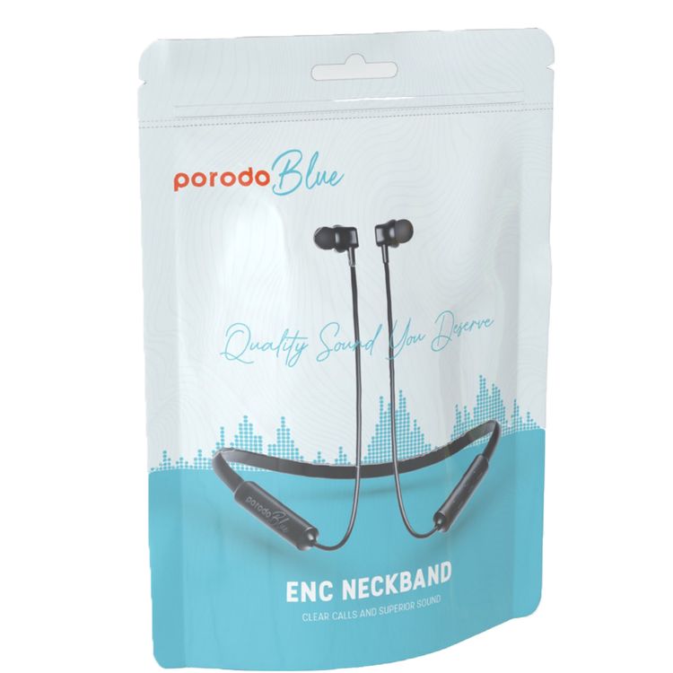 Porodo Blue ENC Neckband In-Ear Earphones with Up to 30 Hours of Playtime, 200mAh Battery Capacity, 15m Transmission Distance, Bluetooth Version 5.3 - Black