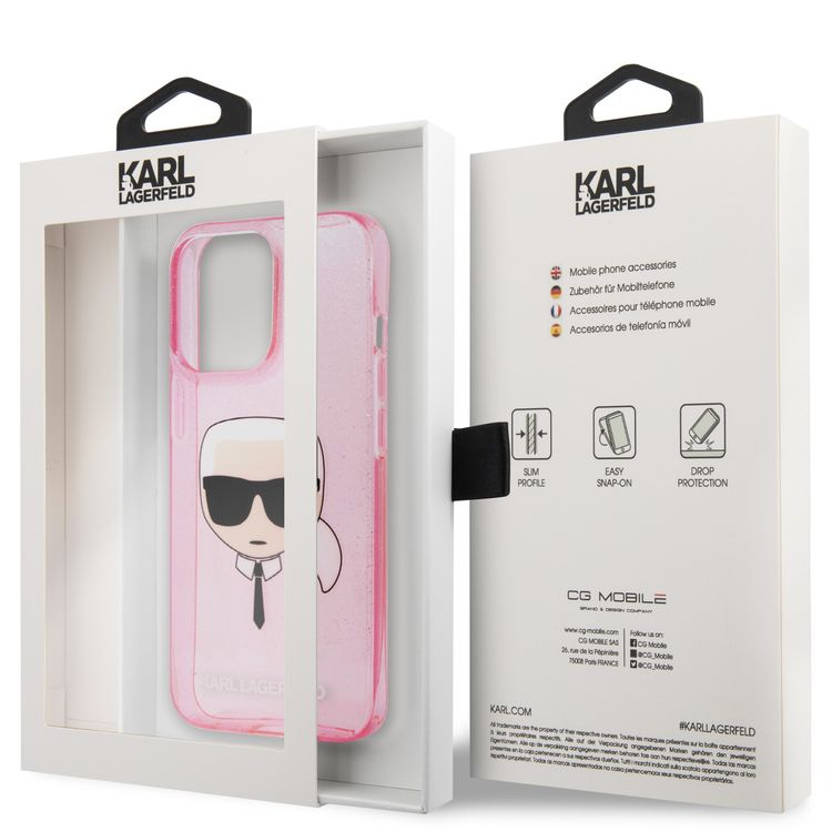 Karl Lagerfeld TPU Full Glitter Karl Head Case For iPhone 13 Pro (6.1 ), Durable, Shockproof, Bumper Protection, Anti-Scratch - Pink