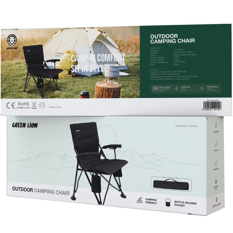 Green Lion Outdoor Camping Chair with Carrying Bag, 150kg Load Capacity, Bottle Holding Pocket, Camping Friendly, Non-Slip Feet, Easy to Carry - Black