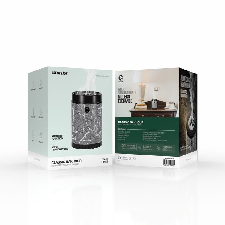Green Lion Classic Bakhour with Auto-Off Function, 20W Power, Up to 18 Burning Cycles, 400-450°C Heating Temperature, ABS Material, 2 Hours Recharge Time, Strong Fragrance, Fast Burning - Gray