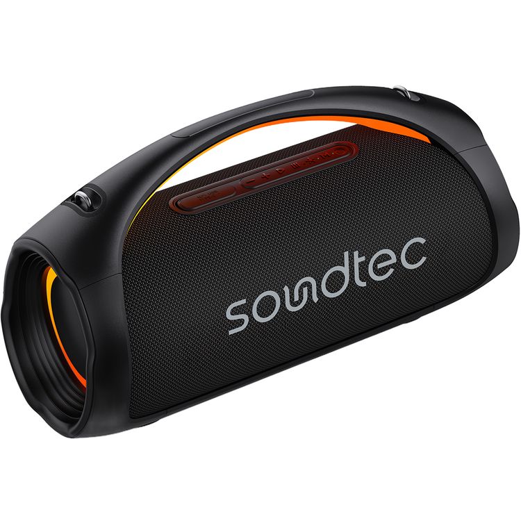 Porodo Rush Pro Portable Party Speaker with Voice Assistant, IPX6 Water Resistant, 5 Hours Play Time, RGB Lights, 7000mAh Battery Capacity, USB-A & USB-C Connector Type, 10m Transmission Range, Bluetooth Version 5.3, 10 Hours Charging Time, Power Bank Function, Grip Handle - Black