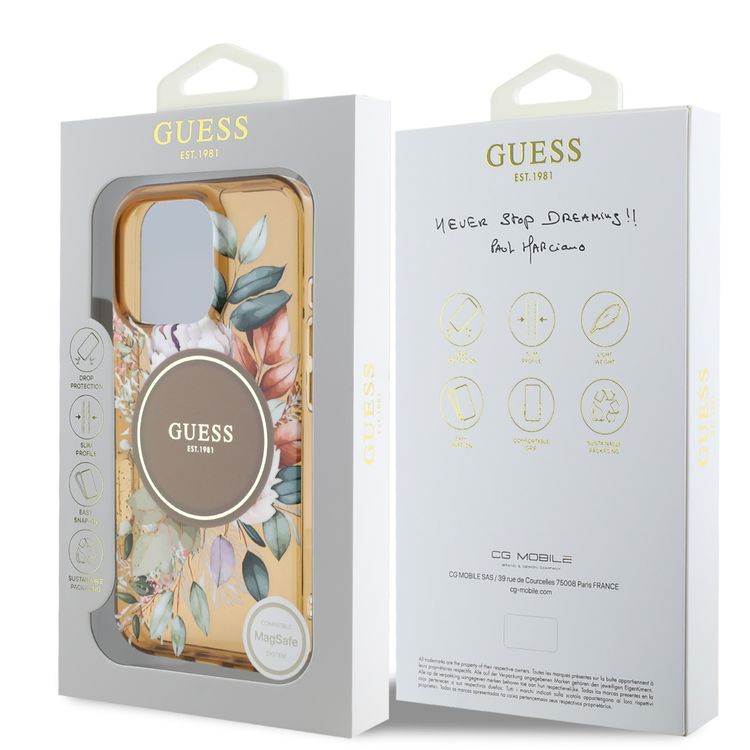 Guess Magsafe IML Transparent Hard Case with Flower Design & Tonal Circle Logo for iPhone 16 Pro Max, Lightweight, High Quality Material - Brown