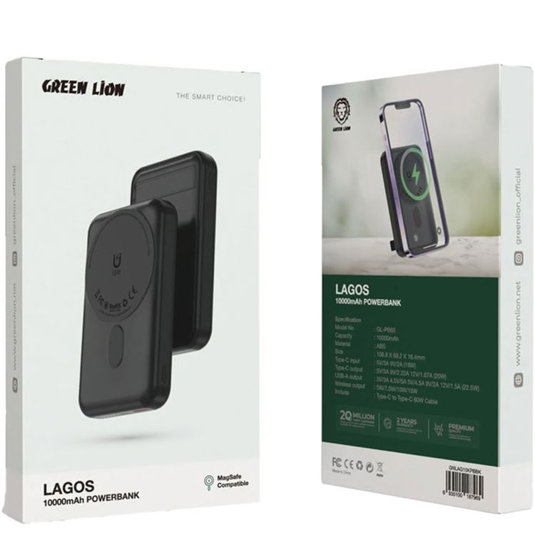 Green Lion Lagos 10000mAh Power Bank with PD 20W, MagSafe Compatible, Strong Adsorption, Built in Stand, Compact & Portable - Black